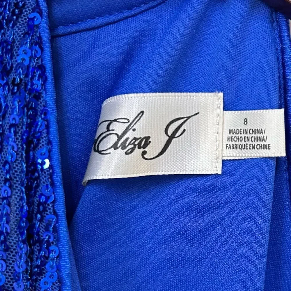Eliza J Size 8 Blue Halter High Neck Sleeveless Sequin Blouson Dress Cocktail